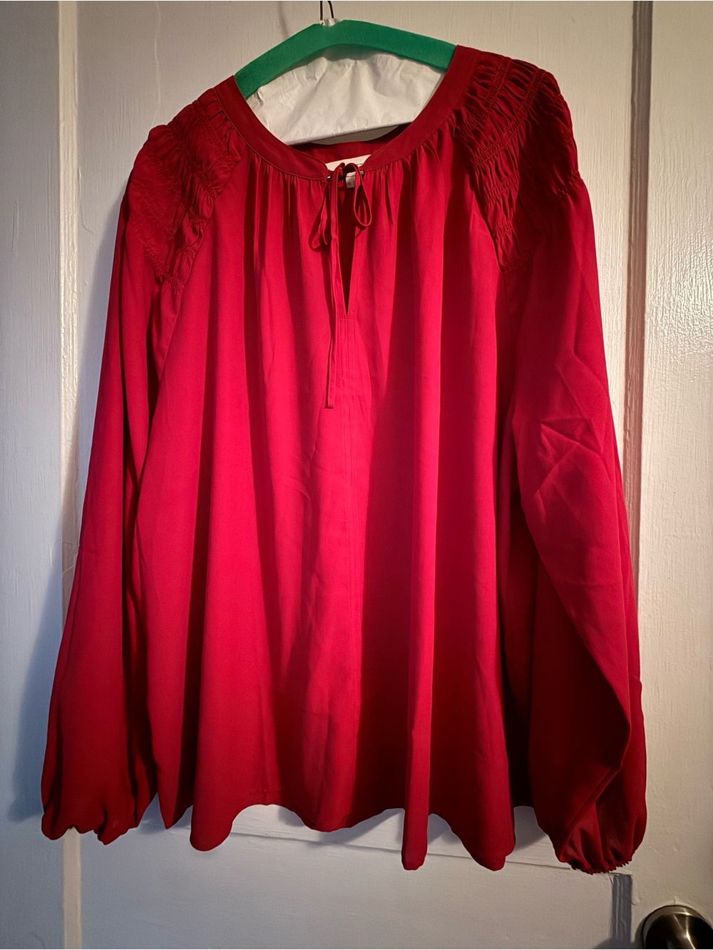 Red Women's Long-Sleeve Peasant Blouse - Classic Tie Neck Ann Loft